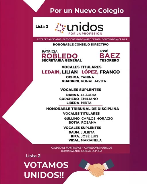Elecciones en Colegio de Martilleros de La Plata: Conocé a los integrantes de la Lista 2 «Unidos por la Profesión»