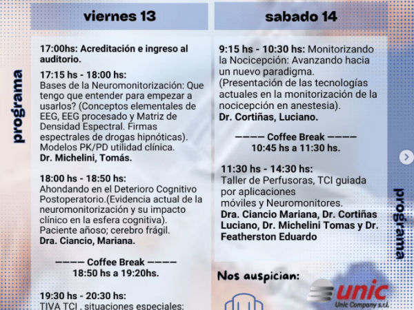 Está disponible el cronograma de las «Jornadas de Actualización en TIVA- TCI y Neuromoniteo