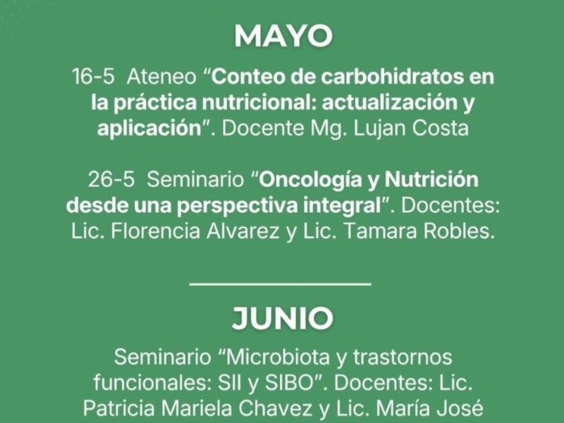Capacitaciones de mayo en el Colegio de Nutricionistas