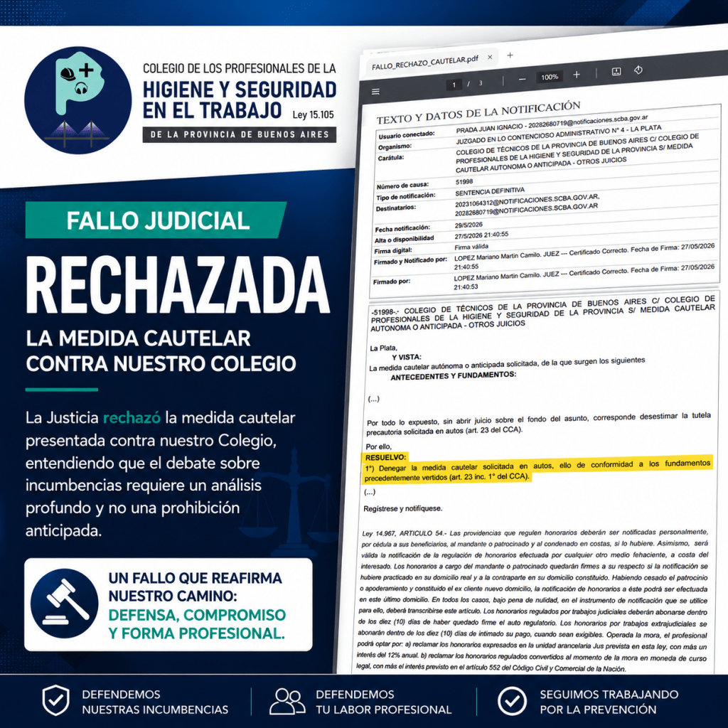 La Justicia rechazó una medida cautelar contra el Colegio de Profesionales de la Higiene y Seguridad de la Provincia de Buenos Aires